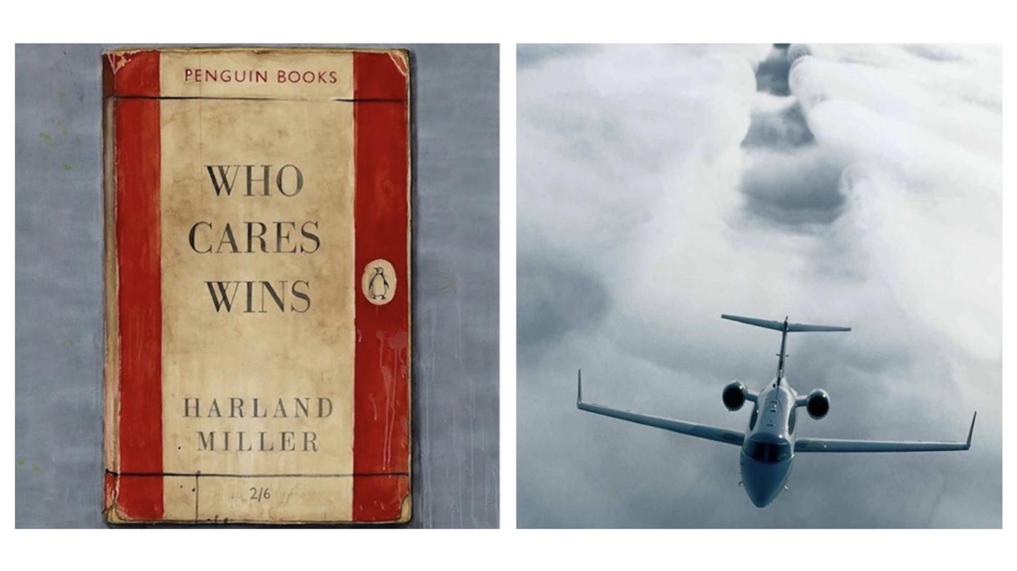Two framed images: a vintage Penguin book cover reading 'Who Cares Wins' and a private jet flying through clouds.